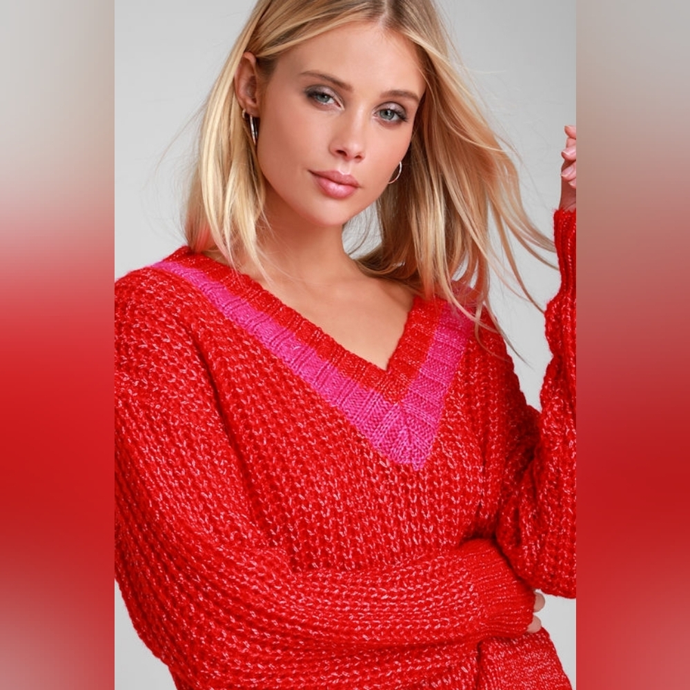 Lulu's Red And Pink Varsity Cropped Sweater